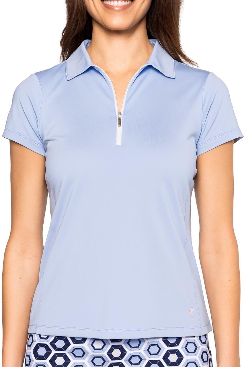 Seersucker Blue Short Sleeve Zip Polo