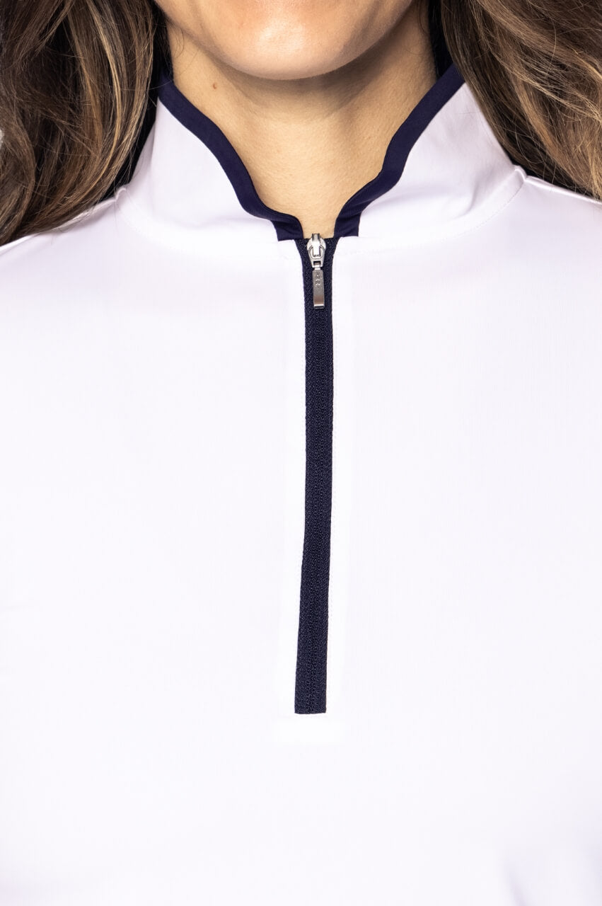 White/Navy Long Sleeve Mock Polo