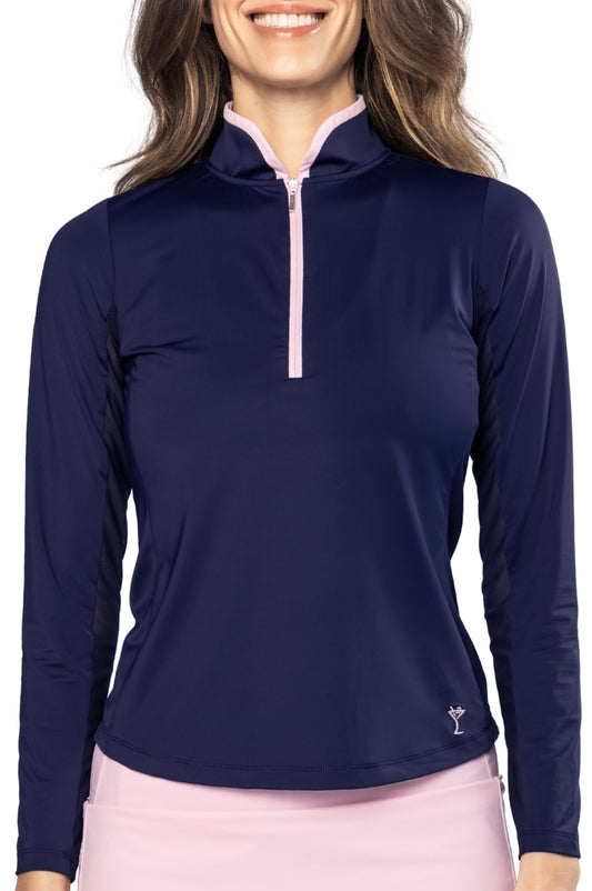 Navy/Rose Pink Long Sleeve Cool Girl Mock Polo