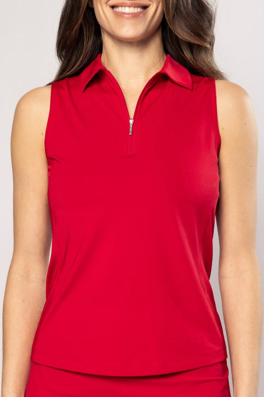 Red Sleeveless Zip Polo