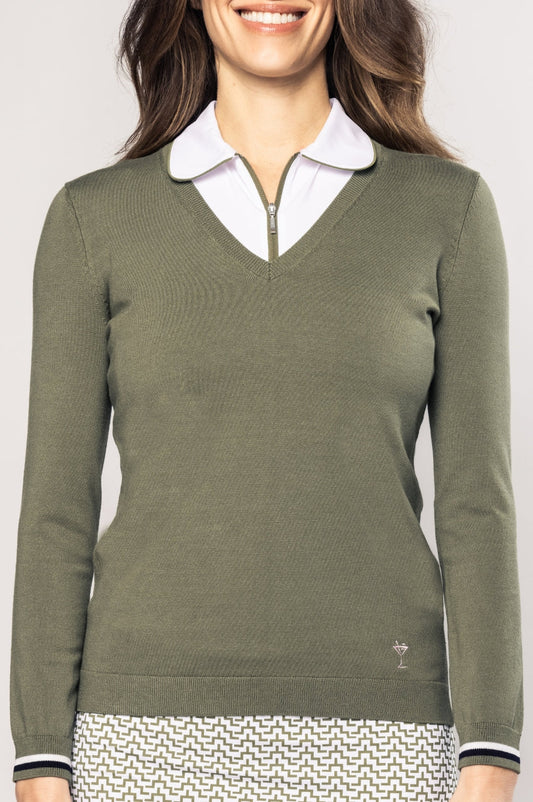 Olive Stretch V-Neck Sweater