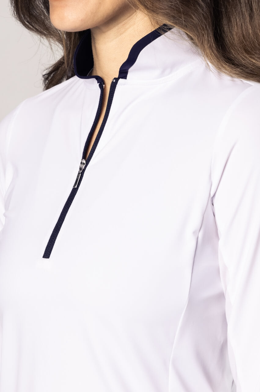 White/Navy Long Sleeve Mock Polo