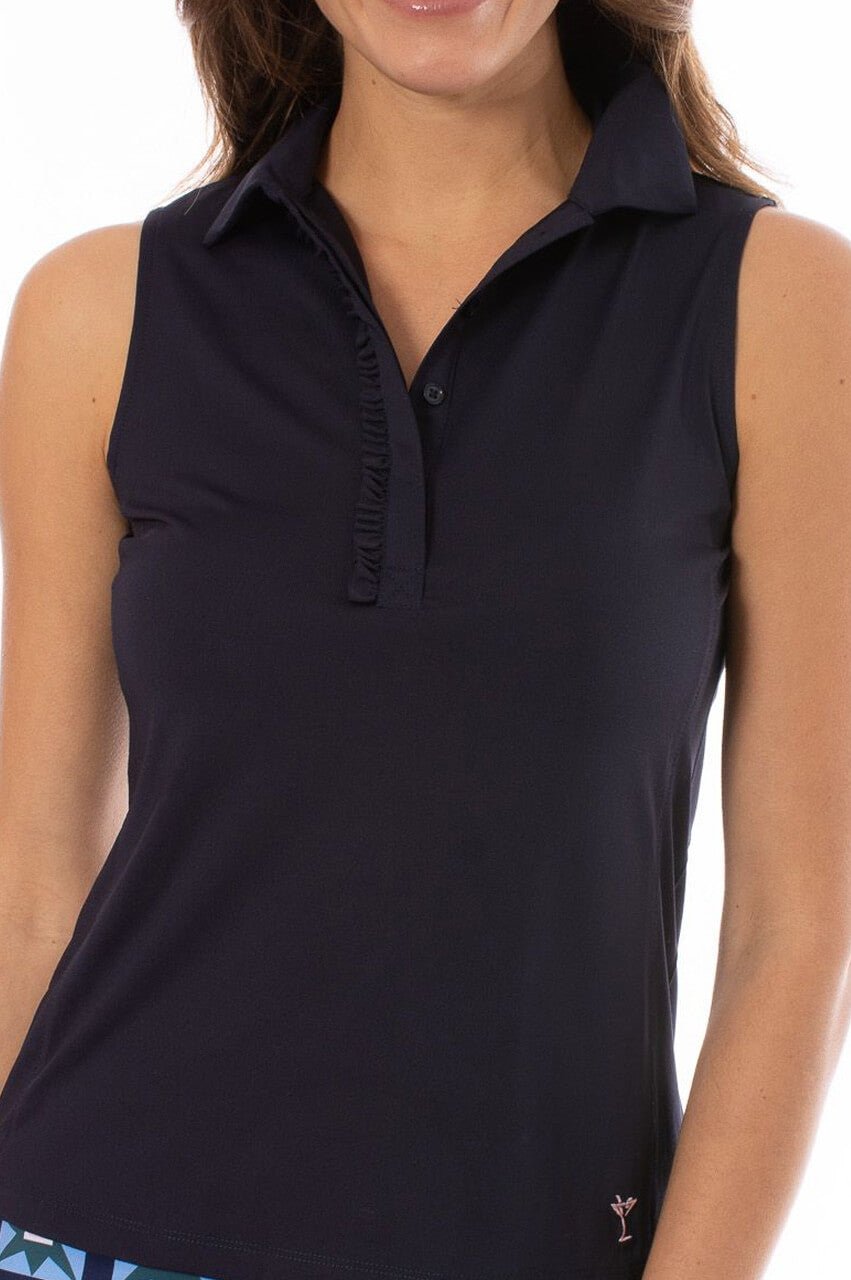 Navy Sleeveless Ruffle Polo - GolftiniTops
