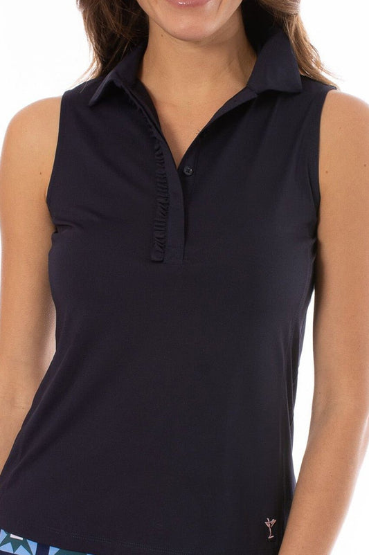 Navy Sleeveless Ruffle Polo - GolftiniTops