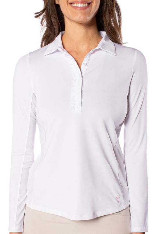 White Long Sleeve Ruffle Polo - GolftiniTops